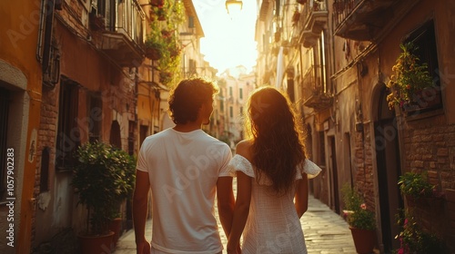 Couple walking hand in hand through a picturesque cobblestone street at sunset