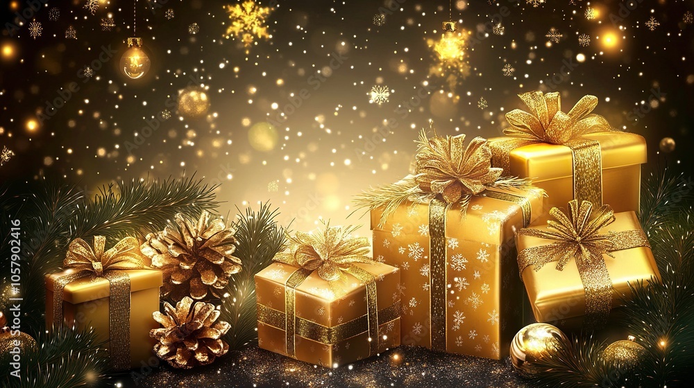 Christmas golden decoration with gift boxes on dark background. Template for greeting card Christmas golden decoration with gift boxes on dark background. Template for greeting card