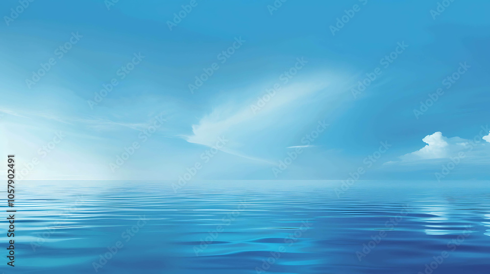 Obraz premium Tranquil blue ocean with a clear blue sky and white clouds. The water is calm and still, reflecting the sky above. The scene is peaceful and serene.
