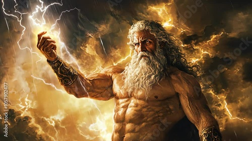 Zeus, the Greek god of thunder, stands amidst a storm, his hand raised to command the lightning