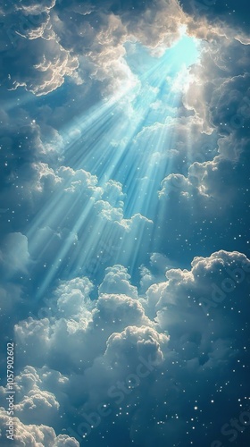 Bright sunlight breaking through clouds in a blue sky during the afternoon