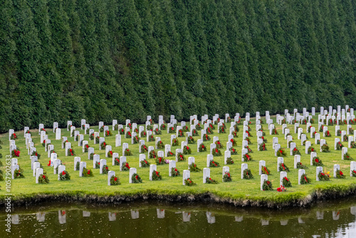 Quiet View Of An American Military Cemetery Celebrating National Pride