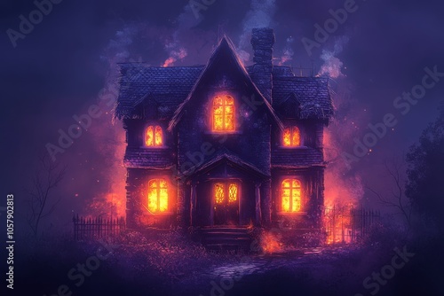 A haunted house surrounded by flames at night with eerie glowing windows in a...