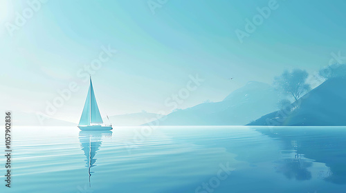 The image is of a sailboat on a calm sea. The water is a deep blue color, and the sky is a light blue color.