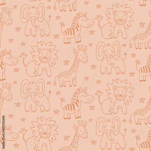 Seamless safari pattern with cute doodles of animals like lions, elephants, giraffes, and zebras on soft peach background, ideal for children designs and fabric. Vector hand drawn illustration