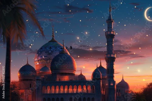 Islamic celebrations with mosque  crescent moon  star background. photo