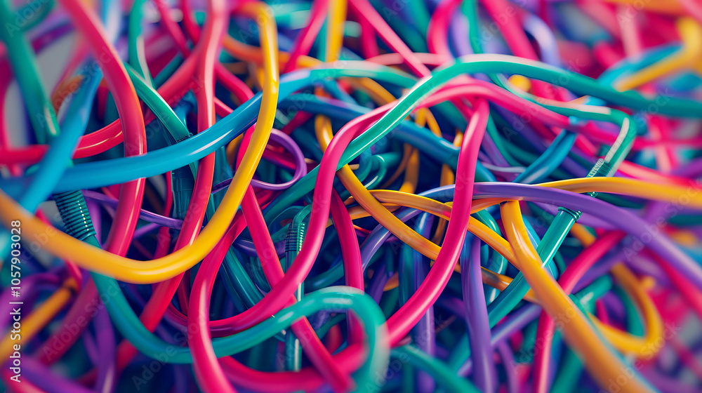 Colorful Tangled Wires and Cables in a Chaotic Pattern, Abstract Technology Background Colorful Tangled Wires and Cables in a Chaotic Pattern, Abstract Technology Background