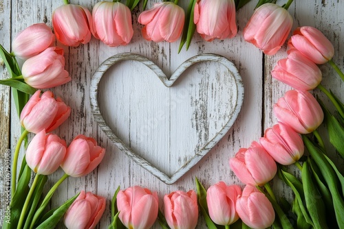 Delicate pink tulips arranged around a wooden heart on a rustic wooden surface