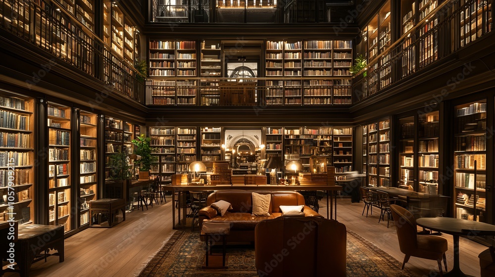 A stunning library adorned with warm lighting in a museum in Amsterdam