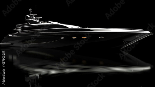 The image is a black and white rendering of a luxury yacht. The yacht is sleek and stylish, with a modern design.