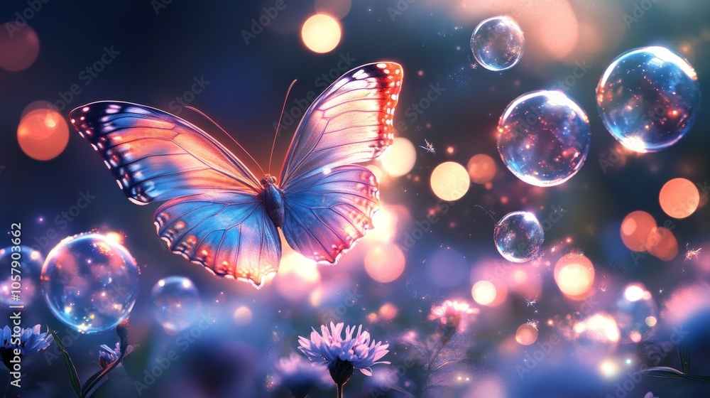 A magical butterfly with glowing wings surrounded by ethereal bubbles in a field of flowers. A magical butterfly with glowing wings surrounded by ethereal bubbles in a field of flowers.