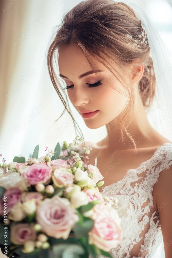 portrait of a beautiful bride with bouquet of flowers in her hands portrait of a beautiful bride with bouquet of flowers in her hands