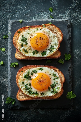 Delicious baked eggs nestled in bread cups topped with herbs on a rustic wood...