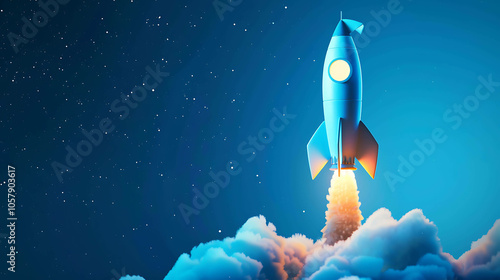 A blue rocket ship is launching from a cloud of smoke and stars in the background.