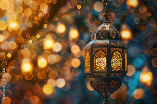 Islamic Ramadan and Eid decoration background with traditional lantern. photo