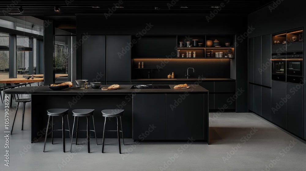 Modern dark-themed kitchen interior with sleek cabinetry, island counter with bar stools, built-in appliances, and open shelving with warm lighting accents. Modern dark-themed kitchen interior with sleek cabinetry, island counter with bar stools, built-in appliances, and open shelving with warm lighting accents.