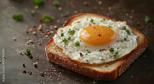 Fried egg perched on toasted bread garnished with herbs on a rustic table set...