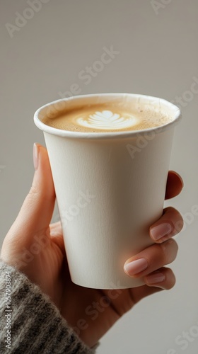 A person holds a plain white coffee cup against a neutral background in a cas...