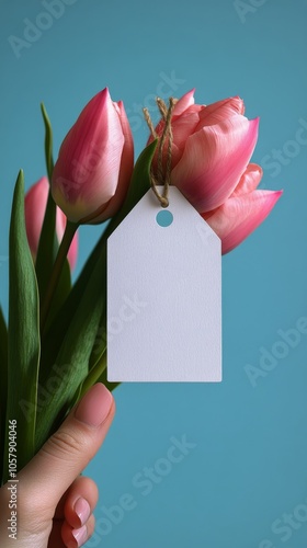 A hand holding a blank tag near pink tulips against a blue background in a br...