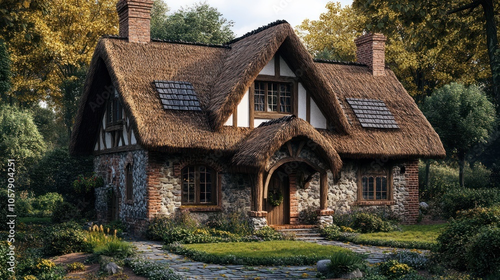 Fototapeta premium Charming thatched-roof cottage nestled in a lush garden surrounded by trees.