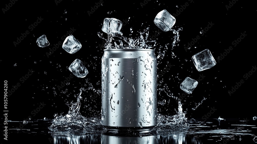 Empty aluminium can mockup with flying ice cubes and splash isolated on black background. Empty aluminium can mockup with flying ice cubes and splash isolated on black background.