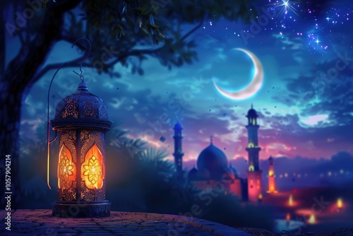 Ramadan greeting with lantern  mosque  moon  stars. Eid celebration. photo