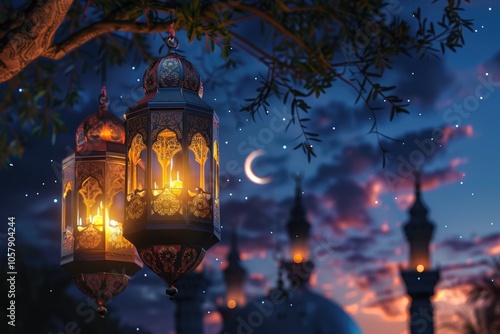 Ramadan greeting with lantern  mosque  moon  stars. Eid celebration. photo