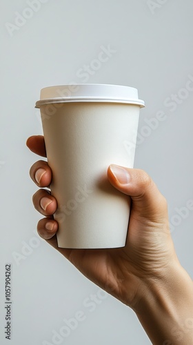 A person holds a plain white coffee cup against a neutral background in a cas...