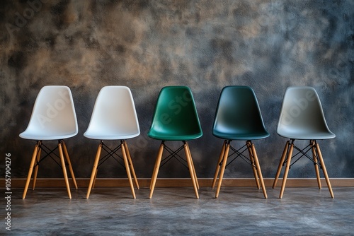 Three colorful chairs with wooden legs arranged against a neutral wall in a s...