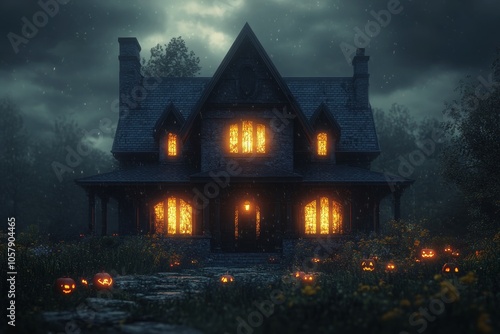 A haunted house surrounded by flames at night with eerie glowing windows in a...