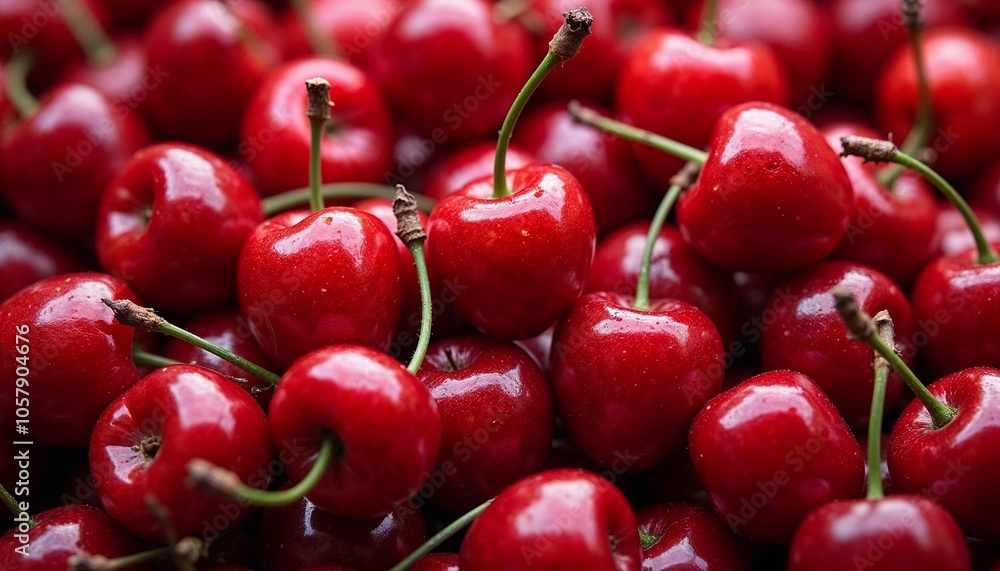 Glossy red cherries piled together creating a vibrant fruit display Glossy red cherries piled together creating a vibrant fruit display