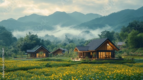 Serene countryside landscape with traditional wooden houses in lush green fie...