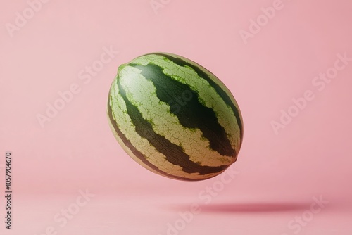 Fresh watermelon slices splashing in water against a pink background during d...