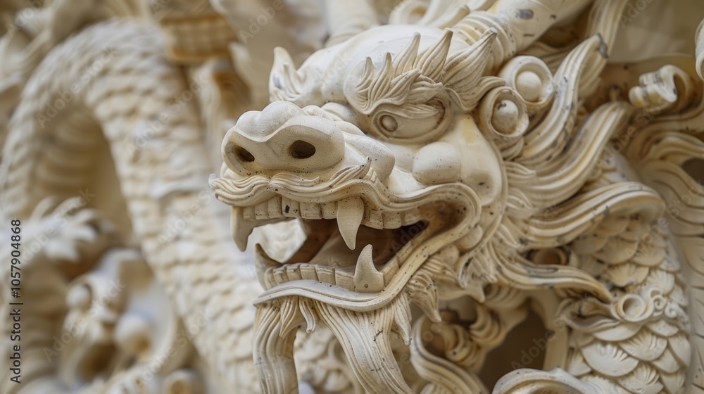 Close up of a white stone dragon head statue with intricate teeth, surrounded by blurred dragon statues. Exuding power, strength, and wisdom, symbolizing prosperity and luck in asian culture Close up of a white stone dragon head statue with intricate teeth, surrounded by blurred dragon statues. Exuding power, strength, and wisdom, symbolizing prosperity and luck in asian culture