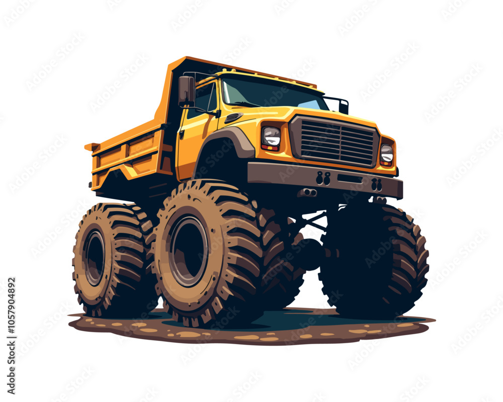 A vector illustration of a heavy-duty lifted dump truck in yellow color. A vector illustration of a heavy-duty lifted dump truck in yellow color.
