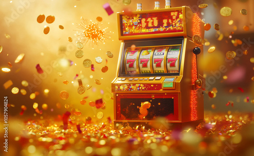 Vibrant scene of a slot machine displaying triple sevens with golden coins and confetti exploding around, symbolizing a jackpot win.

 photo