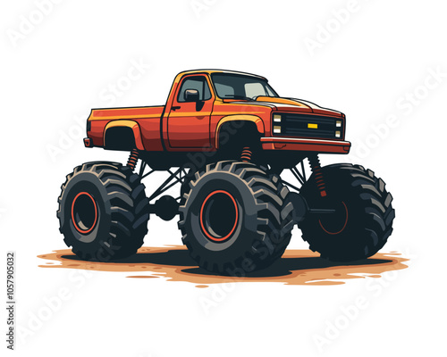 A vector illustration of a classic lifted monster truck in orange color.