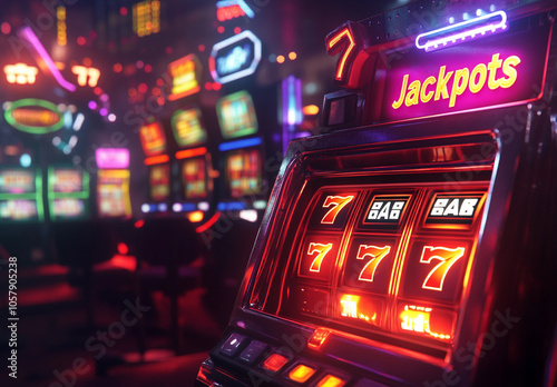 Close-up of a slot machine displaying triple sevens, indicating a jackpot win. Neon lights and casino ambiance in the background.


