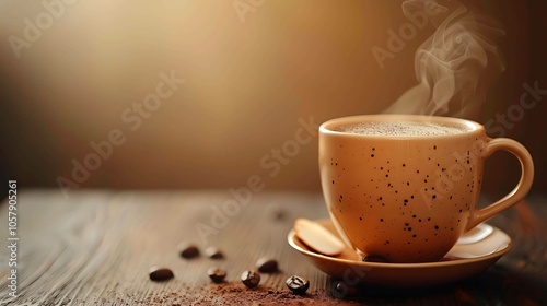 A cup of coffee on a wooden table. The coffee is steaming and there are coffee beans spilled on the table. The background is a warm brown color. photo