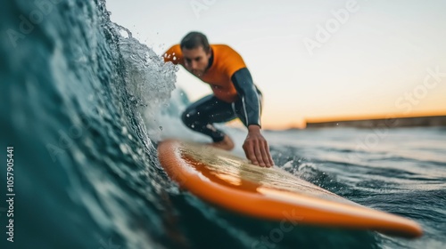 Obraz na płótnie Surfer in an orange wetsuit riding a wave with a focus on the surfboard and water splash around sunset. w salonie