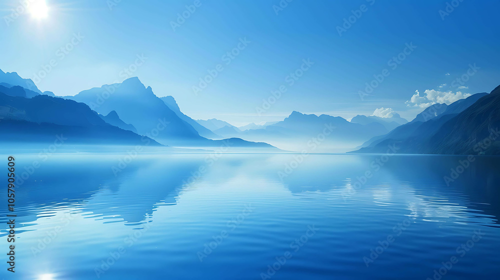 Tranquil lake and mountain landscape with a blue sky and white clouds. The water is calm and still, reflecting the sky above. Tranquil lake and mountain landscape with a blue sky and white clouds. The water is calm and still, reflecting the sky above.