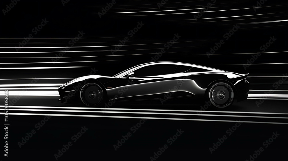 Obraz premium The dark knight of the road. A sleek black sports car speeds through the night, leaving a trail of light in its wake.