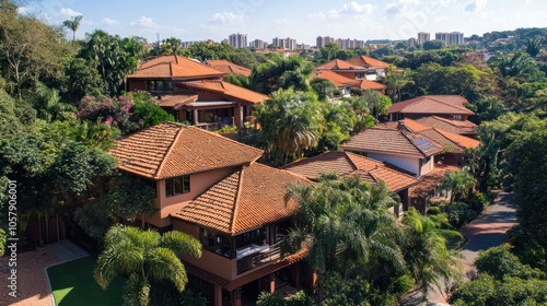 Aerial view of tropical houses with terracotta roofs amidst lush greenery and trees.