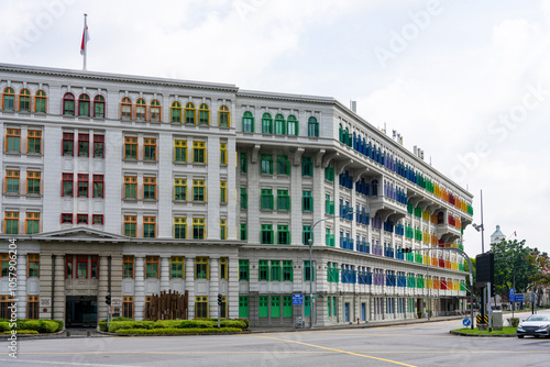 Photography Old Hill Street Police Station, Singapore - Now used as Ministry of Culture, Community and Youth, as well as Ministry of Communications and Information, painted in famous rainbow colours