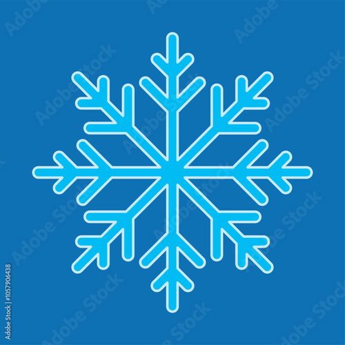 Simple single Snowflake icon sign symbol vector illustration isolated on a blue background. Christmas icon. Abstract snow logo frost cold weather. Winter precipitation. Flat blue snowflake symbol. EPS