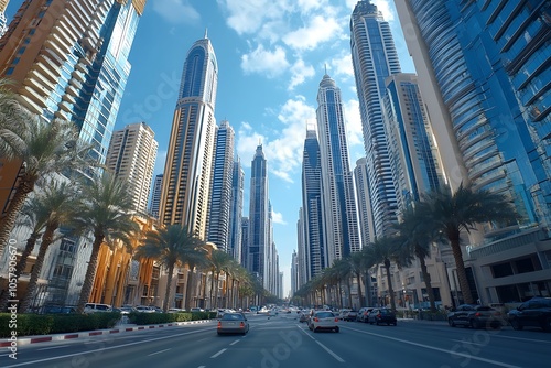 Dubai Skyline Street View with Palm Trees and Cars