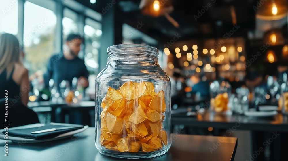 Close-up of a glass jar filled with dried yellow petals in a busy restaurant setting during daytime. Close-up of a glass jar filled with dried yellow petals in a busy restaurant setting during daytime.