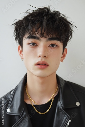 a young, Japanese man in His hair has a slight greenish tint at the ends. He is wearing a leather jacket and a gold necklace,