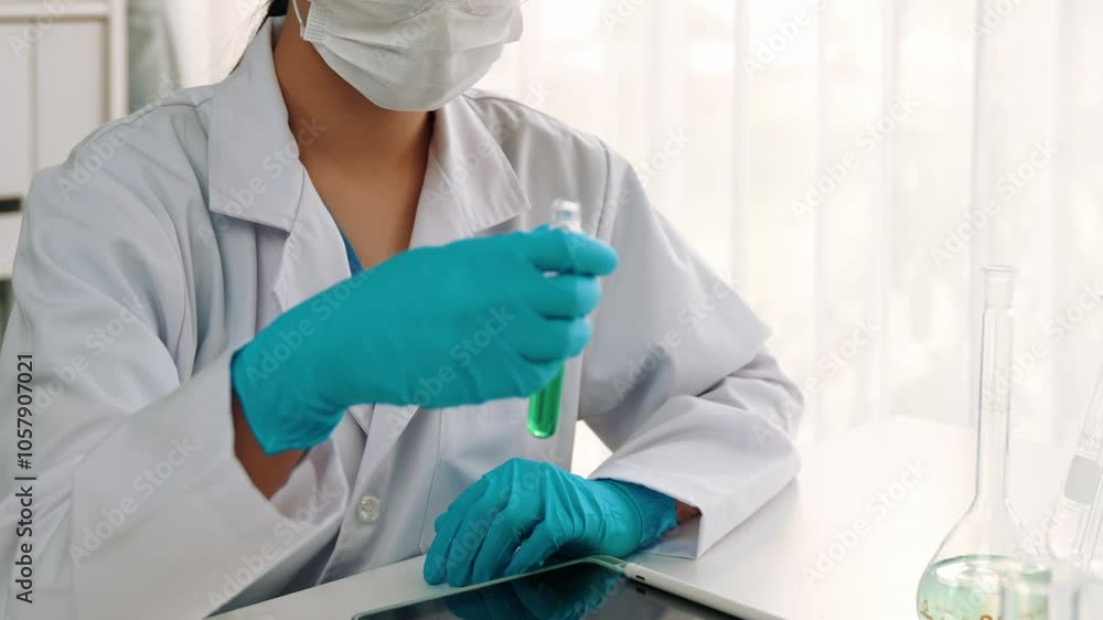 Laboratory researcher develop new medicine or cure use colorful chemical liquid in lab tube. Technological advance of healthcare with scientific or chemistry expertise and laboratory equipment. Rigid. Laboratory researcher develop new medicine or cure use colorful chemical liquid in lab tube. Technological advance of healthcare with scientific or chemistry expertise and laboratory equipment. Rigid.