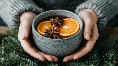 Hot mulled wine in a woman's hands with spices and orange photo